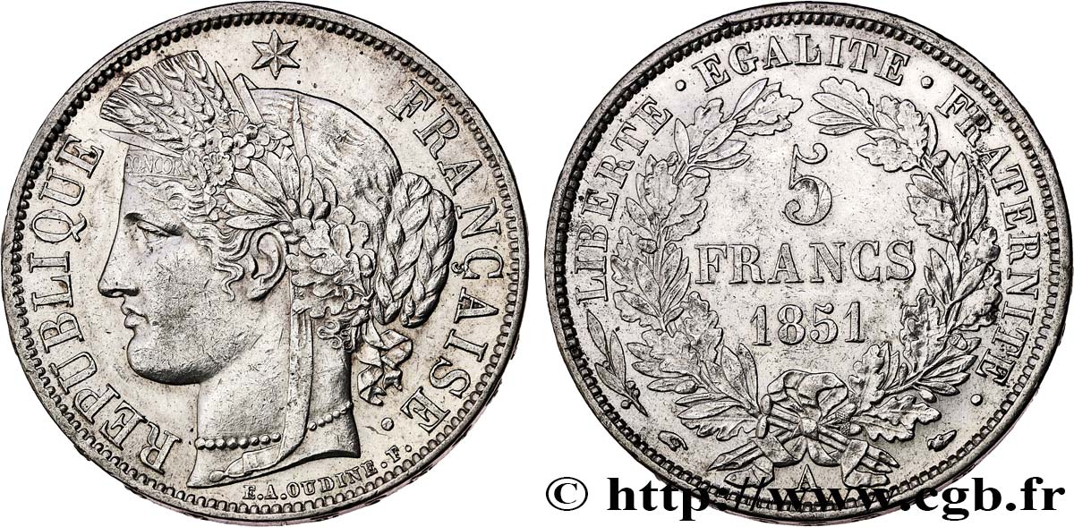5 francs Cérès, IIe République 1851 Paris F.327/7 AU58 