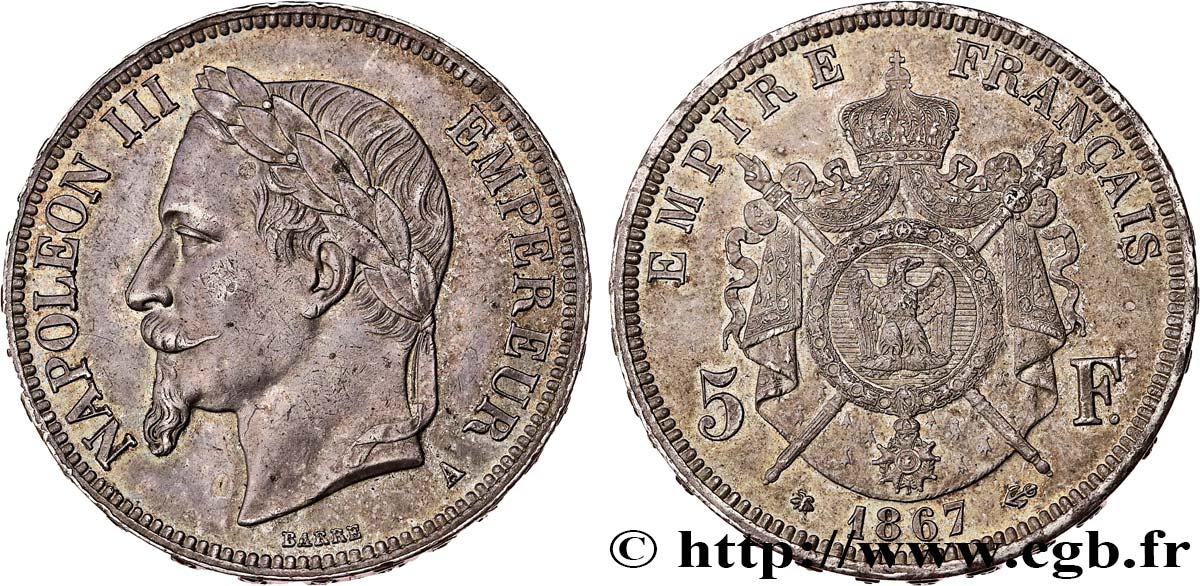 5 francs Napoléon III, tête laurée 1867 Paris F.331/10 TTB53 