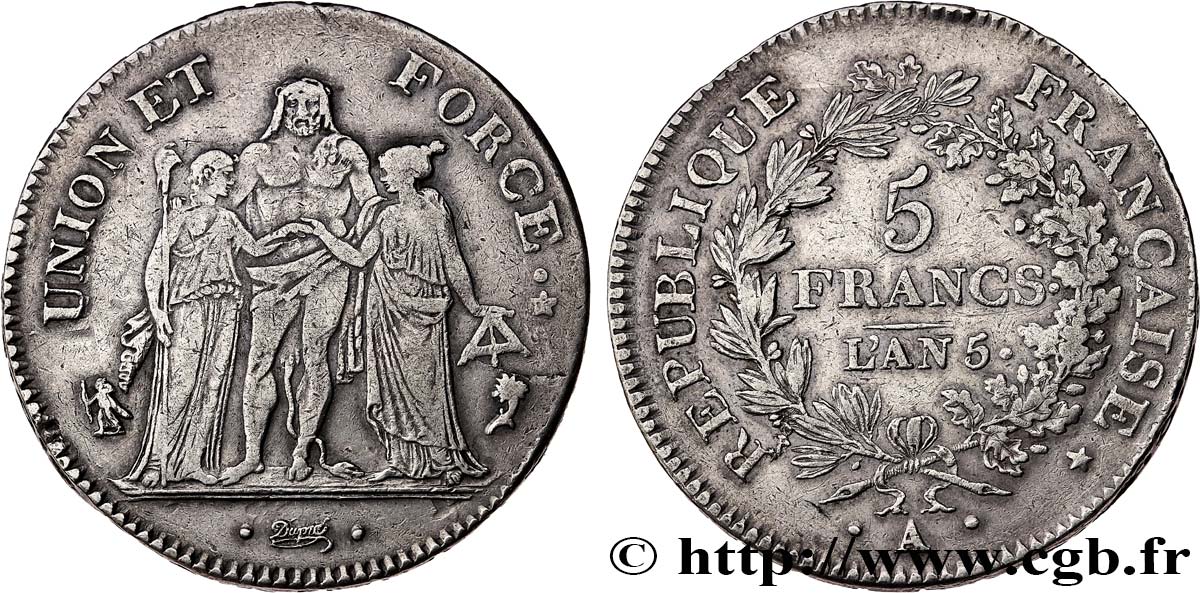 5 francs Union et Force, Union serré, avec glands intérieurs et gland extérieur 1797 Paris F.288/11 TTB45 