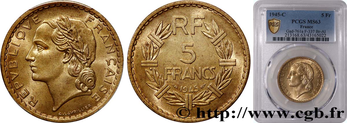 5 francs Lavrillier, bronze-aluminium 1945 Castelsarrasin F.337/6 SC63 PCGS