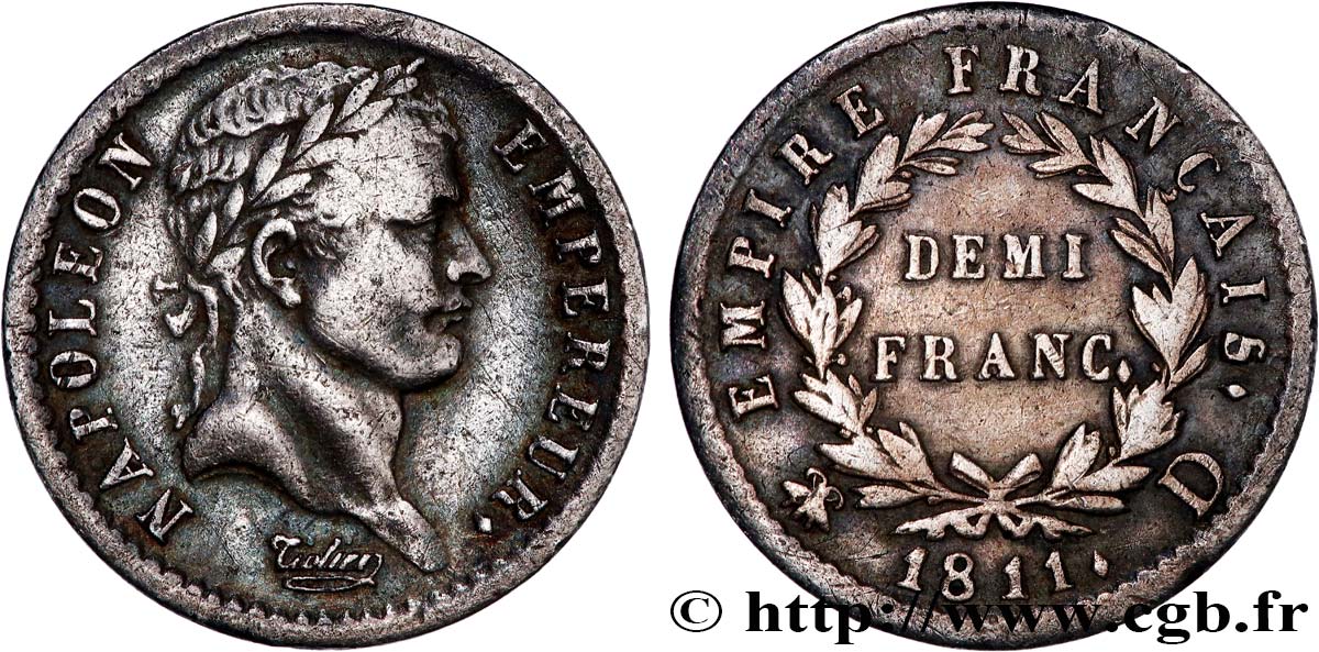 Demi-franc Napoléon Ier tête laurée, Empire français 1811 Lyon F.178/24 VF 