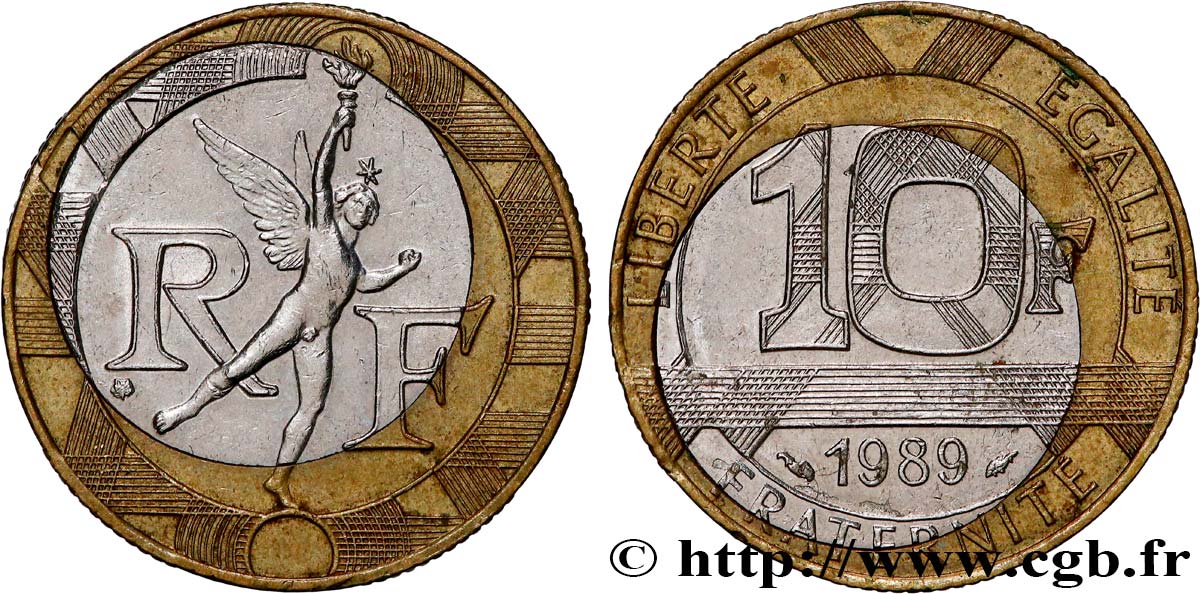 10 francs Génie de la Bastille, fautée au coeur décentré 1989 Pessac F.375/3 var. TTB+ 