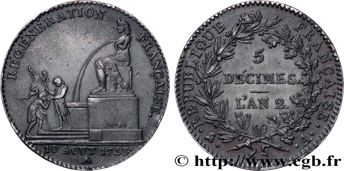 5 décimes, Régénération française, en plomb-étain 1793 Paris F.172A/1 var. VZ 