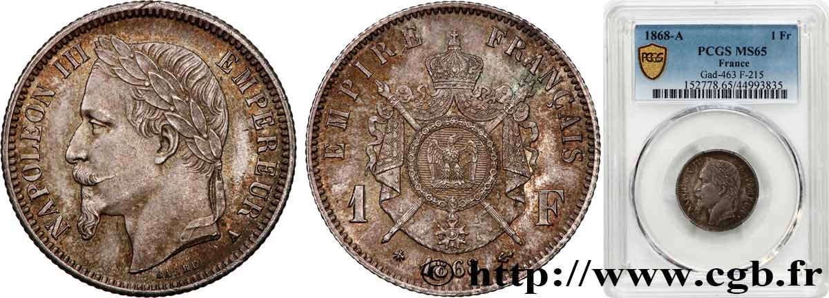 1 franc Napoléon III, tête laurée 1868 Paris F.215/10 FDC65 PCGS