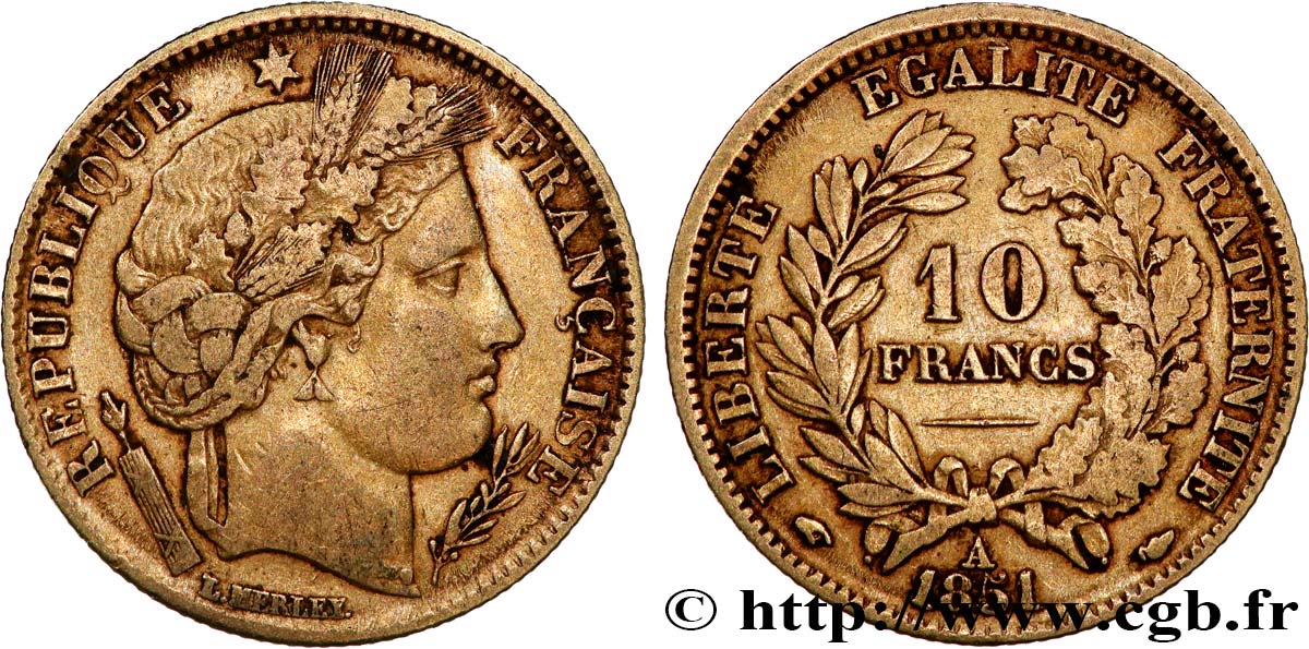 10 francs or Cérès, IIe République 1851 Paris F.504/3 VF25
