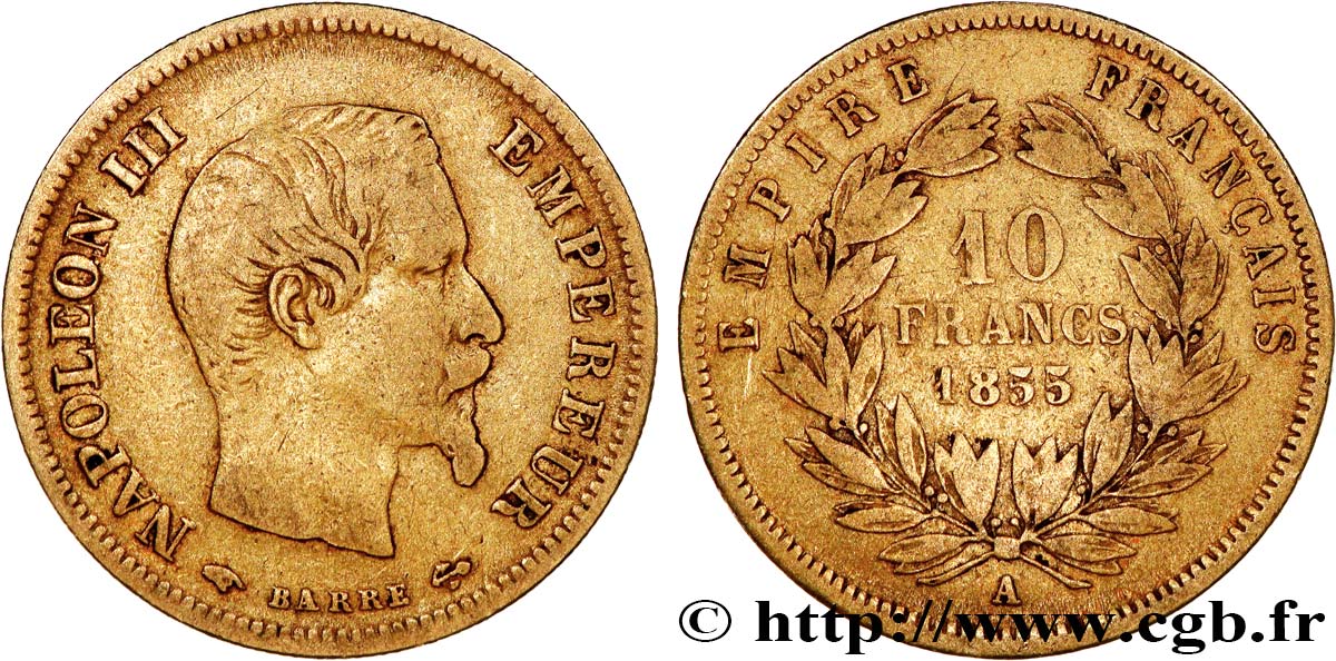 10 francs or Napoléon III, tête nue, grand module 1855 Paris F.506/1 VF25