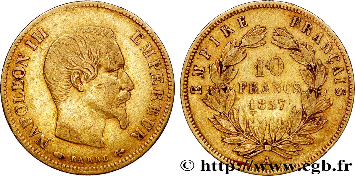 10 francs or Napoléon III, tête nue 1857 Paris F.506/4 VF25