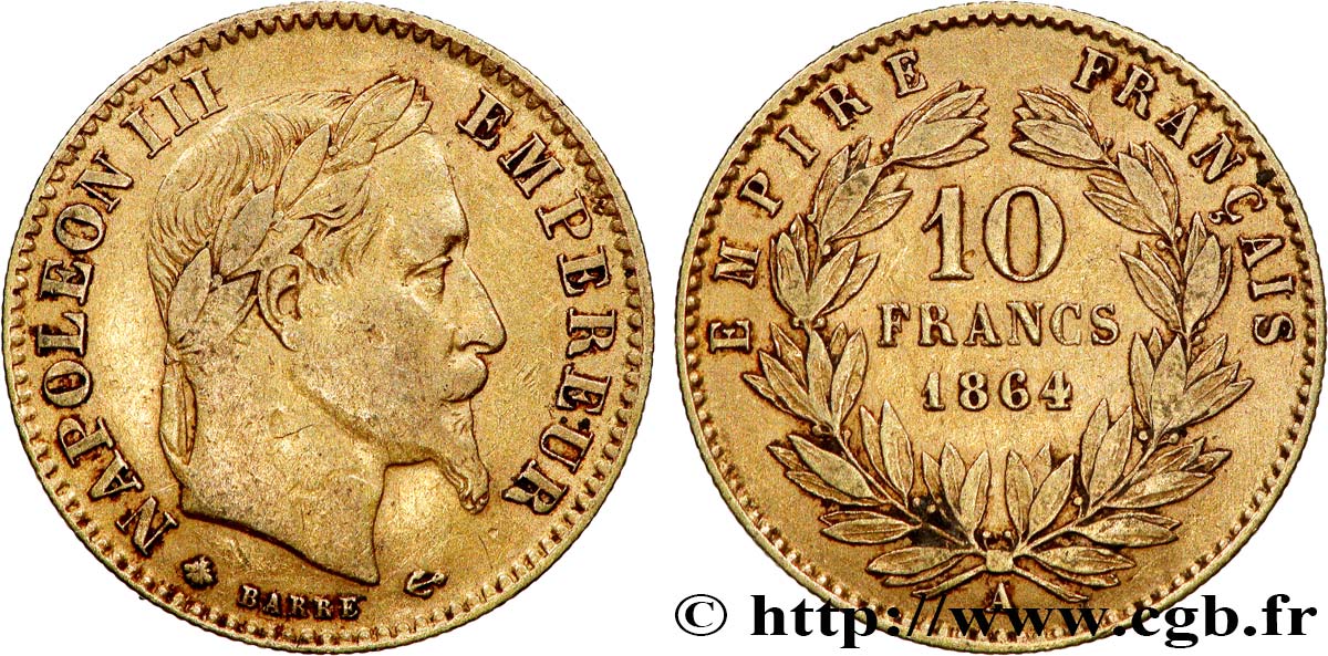 10 francs or Napoléon III, tête laurée, type définitif à grand 10 1864 Paris F.507A/6 TB30