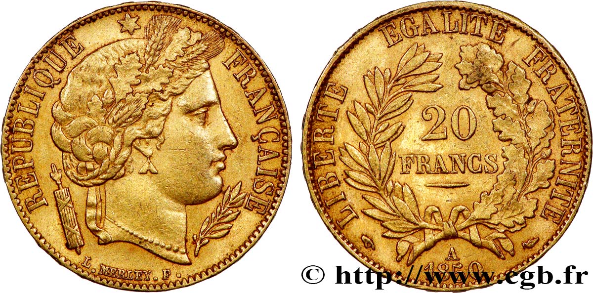 20 francs or Cérès 1850 Paris F.529/3 AU