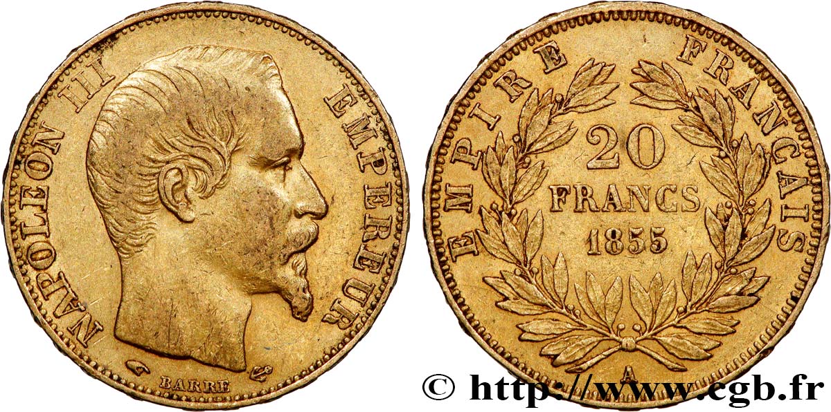 20 francs or Napoléon III, tête nue 1855 Paris F.531/4 XF40