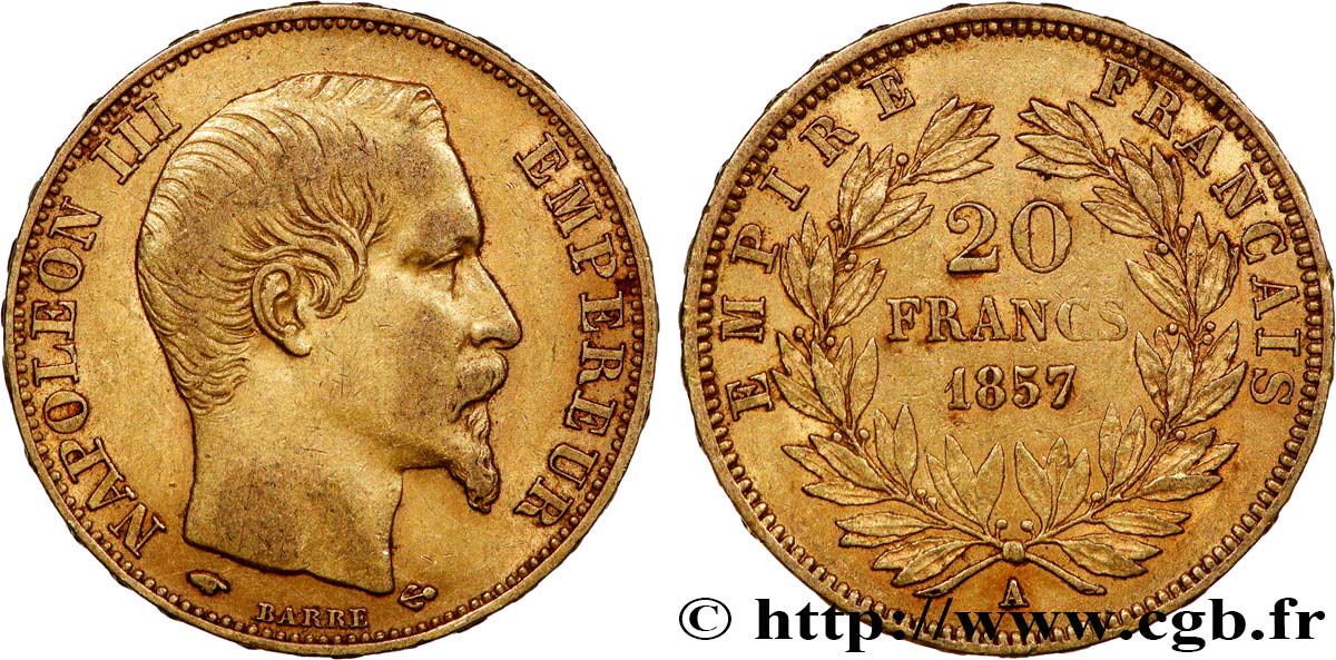 20 francs or Napoléon III, tête nue 1857 Paris F.531/12 XF45