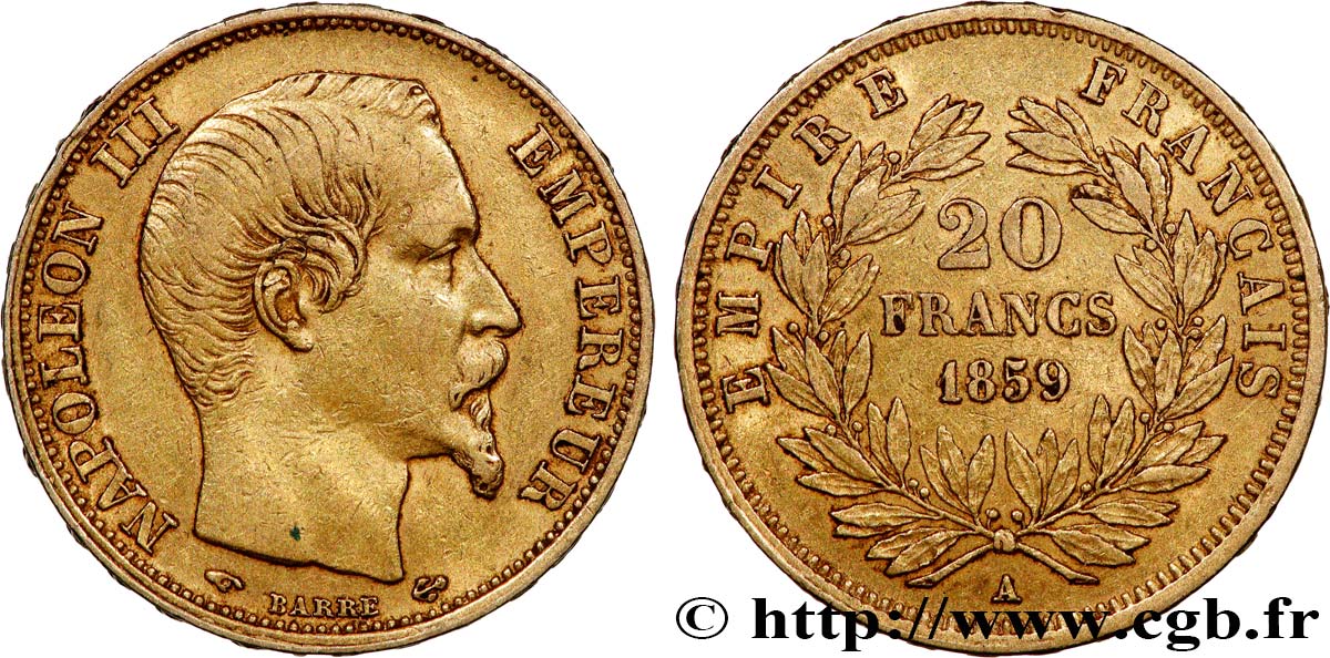 20 francs or Napoléon III, tête nue 1859 Paris F.531/15 XF45