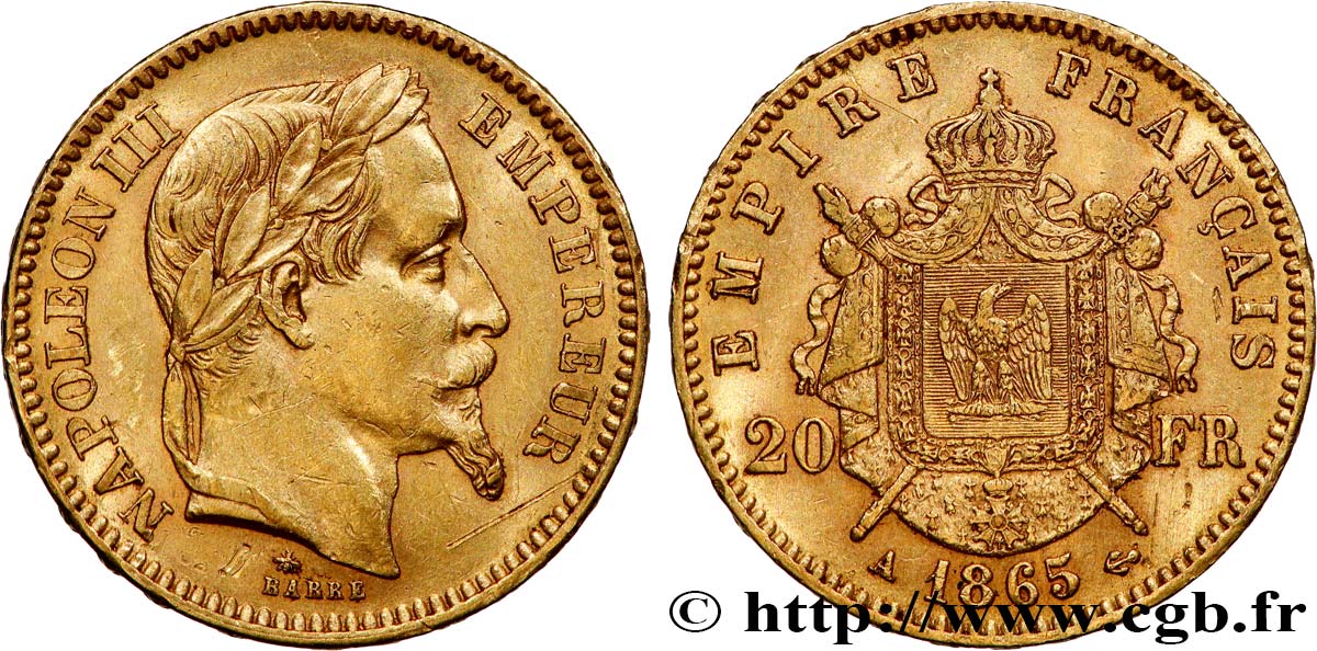20 francs or Napoléon III, tête laurée 1865 Paris F.532/11 XF