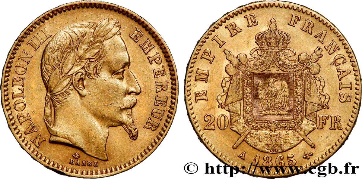 20 francs or Napoléon III, tête laurée 1865 Paris F.532/11 XF
