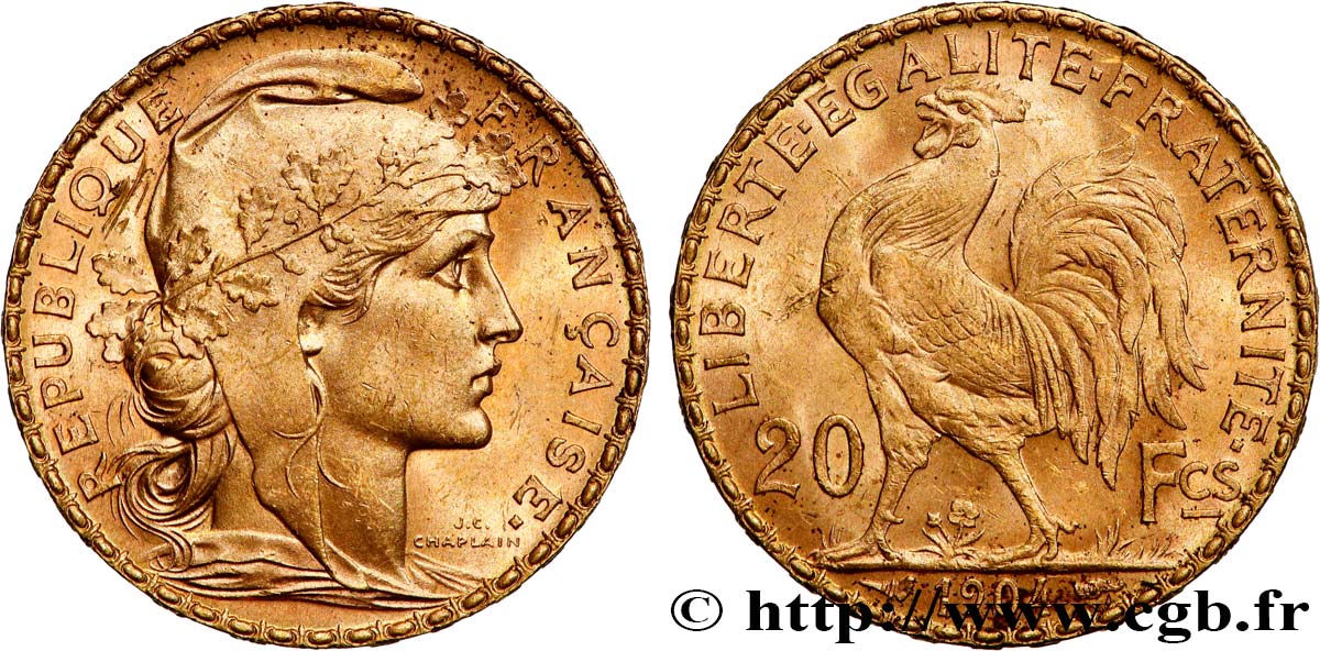 20 francs or Coq, Dieu protège la France 1904 Paris F.534/9 AU