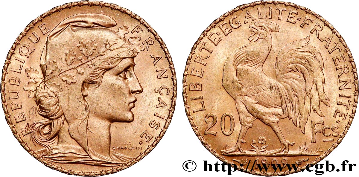 20 francs or Coq, Liberté Égalité Fraternité 1909 Paris F.535/3 AU