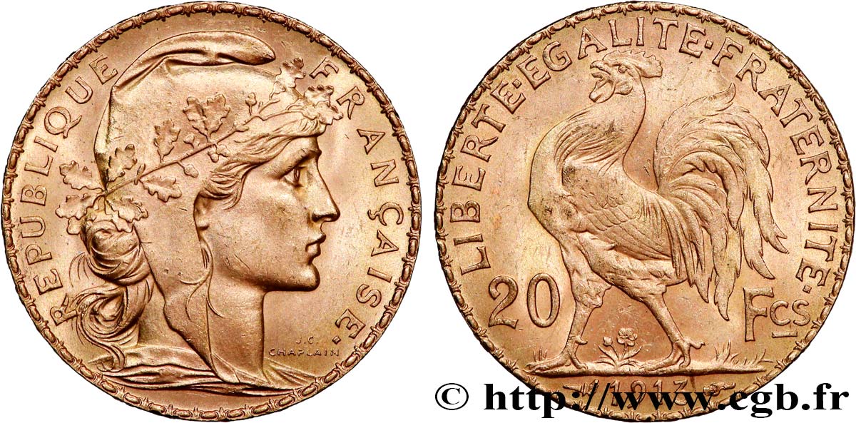 20 francs or Coq, Liberté Égalité Fraternité 1913 Paris F.535/7 AU