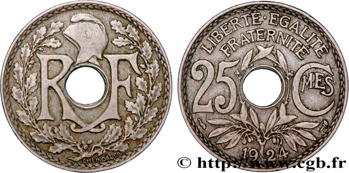 25 centimes Lindauer, Flan en partie magnétique 1924  F.171/8 var. TTB 