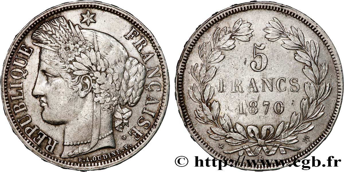 5 francs Cérès, sans légende 1870 Bordeaux F.332/3 XF 