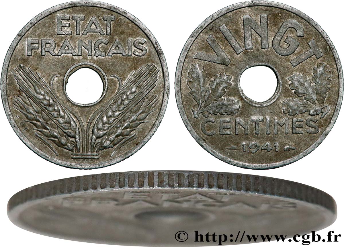 VINGT centimes État français, cannelures larges 1941  F.152/3 TTB40 