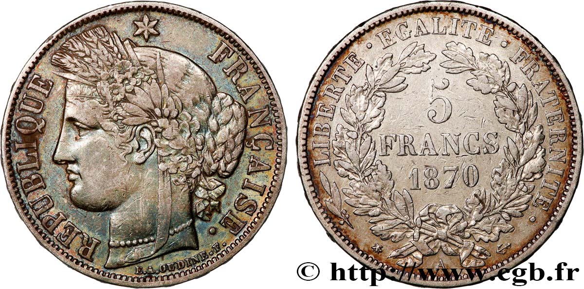 5 francs Cérès, avec légende 1870 Paris F.333/1 MBC