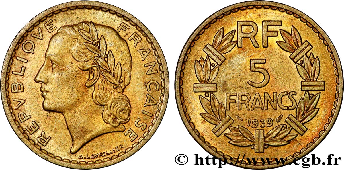 5 francs Lavrillier, bronze-aluminium 1939 F.337/3 EBC55
