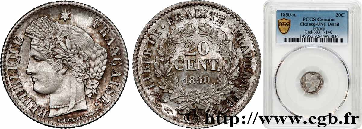 20 centimes Cérès, IIe République 1850 Paris F.146/2 SPL PCGS
