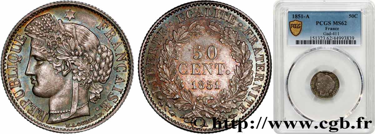 50 centimes Cérès, IIe République 1851 Paris F.184/5 SUP62 PCGS