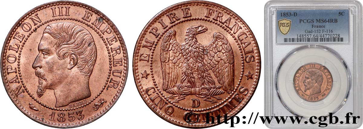 Cinq centimes Napoléon III, tête nue 1853 Lyon F.116/4 MS64 PCGS
