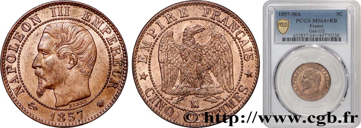 Cinq centimes Napoléon III, tête nue 1857 Marseille F.116/42 SC64 PCGS