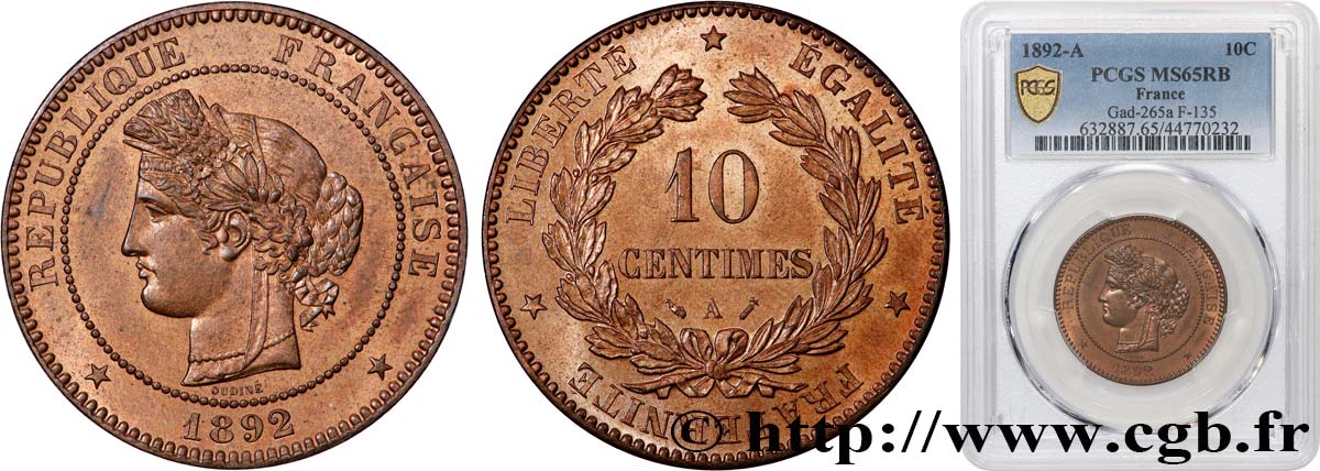 10 centimes Cérès 1892 Paris F.135/37 ST65 PCGS