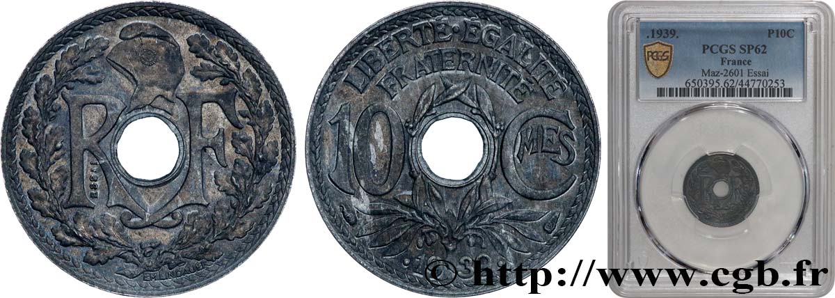 Essai de 10 centimes Lindauer en zinc, perforé 1939 Paris GEM.41 12var. VZ62 PCGS