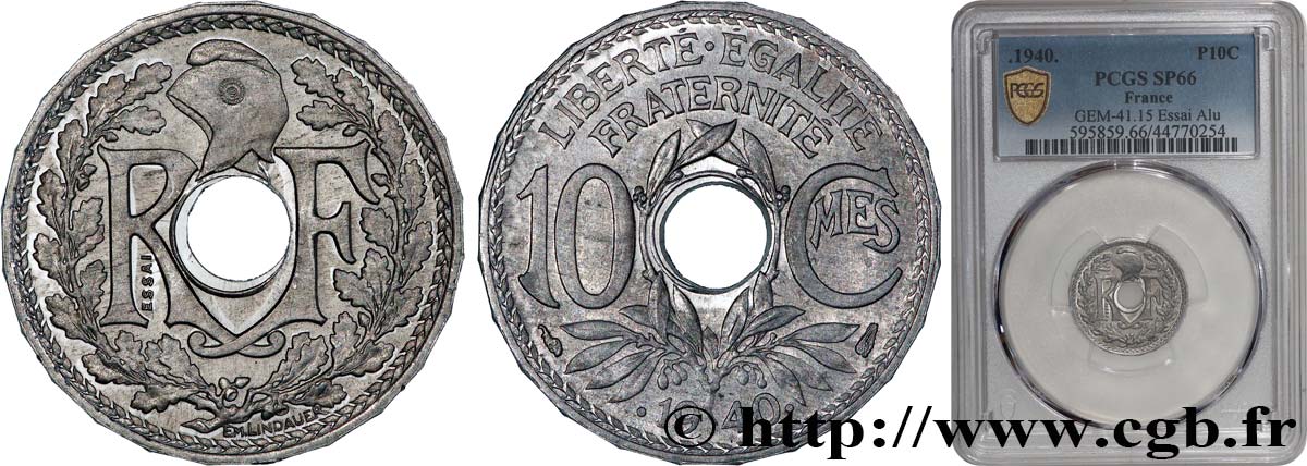 Essai en aluminium de 10 centimes Lindauer, tranche à 24 pans 1940 Paris GEM.41 15 MS66 PCGS