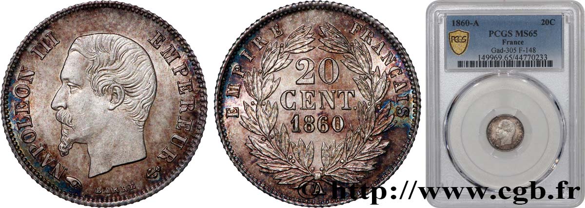 20 centimes Napoléon III, tête nue 1860 Paris F.148/14 MS65 PCGS