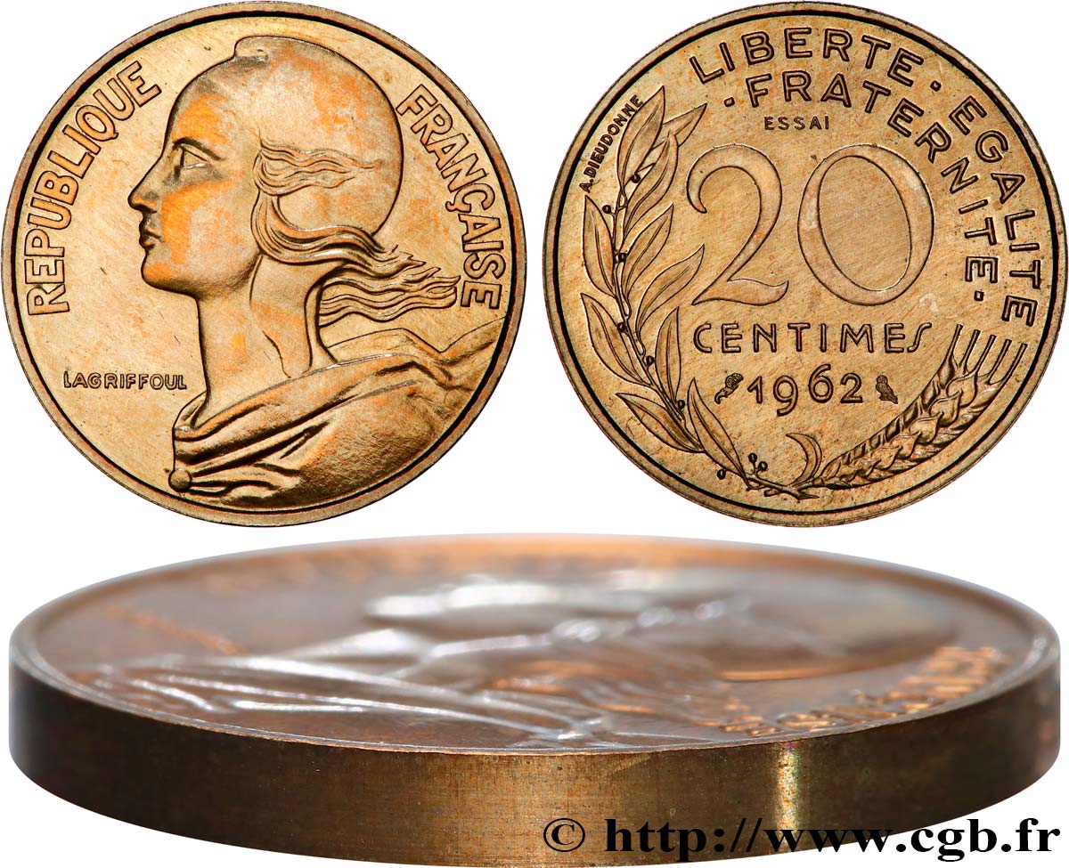 Essai-piéfort de 20 centimes Marianne 1962 Paris GEM.56 EP ST65 