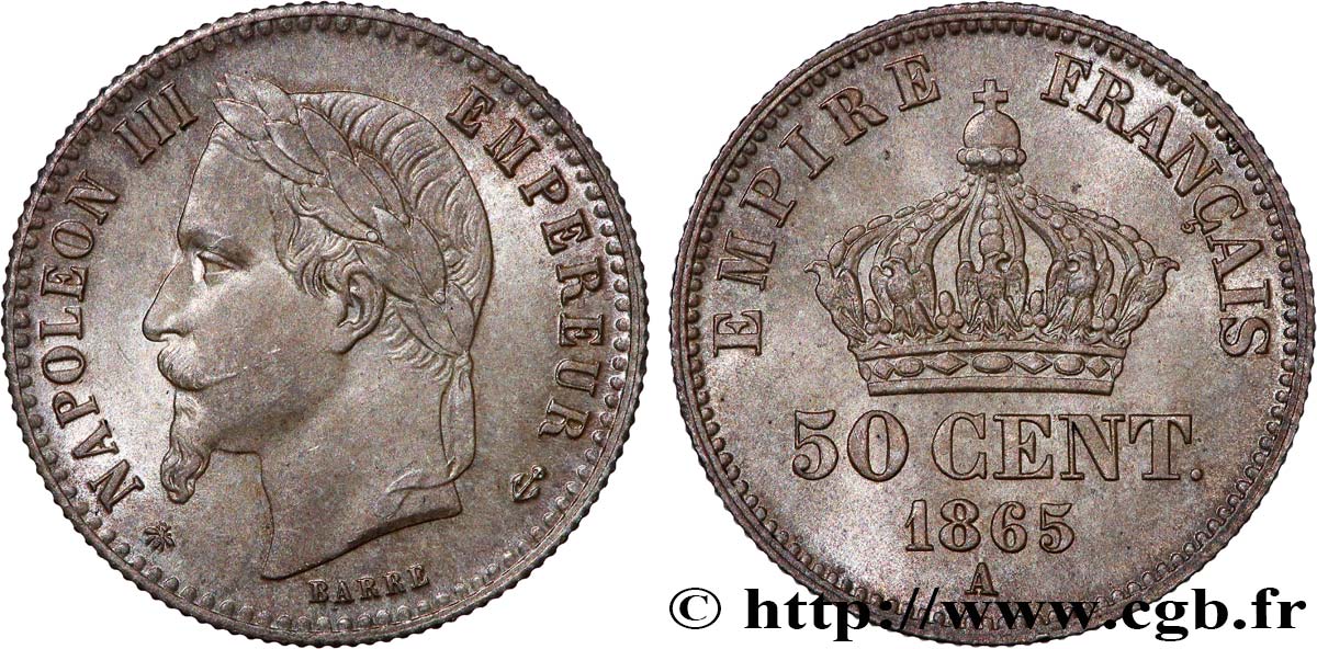 50 centimes Napoléon III, tête laurée 1865 Paris F.188/5 MS63 
