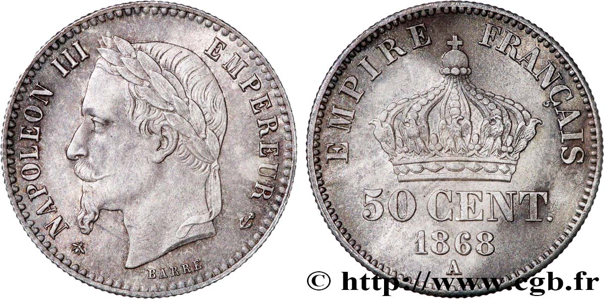 50 centimes Napoléon III, tête laurée 1868 Paris F.188/20 EBC+ 