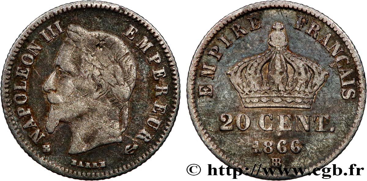 20 centimes Napoléon III, tête laurée, petit module 1866 Strasbourg F.149/5 RC