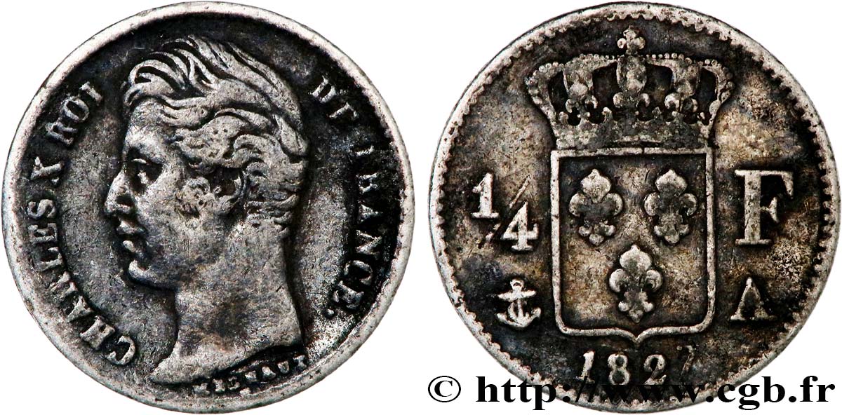 1/4 franc Charles X 1827 Paris F.164/10 VF