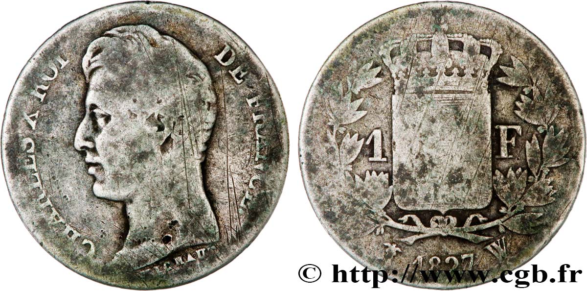1 franc Charles X, matrice du revers à cinq feuilles 1827 Lille F.207/36 RC