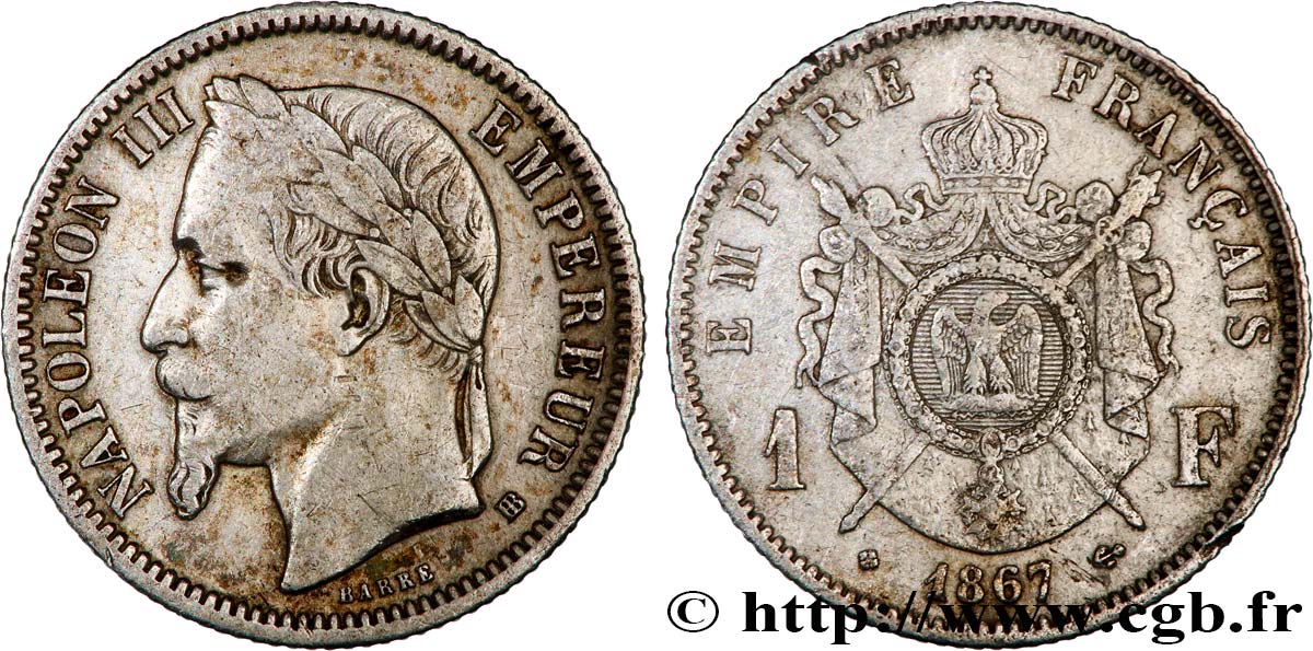 1 franc Napoléon III, tête laurée 1867 Strasbourg F.215/7 TB