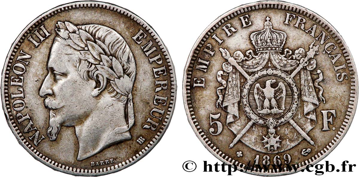 5 francs Napoléon III, tête laurée 1869 Strasbourg F.331/15 BC+
