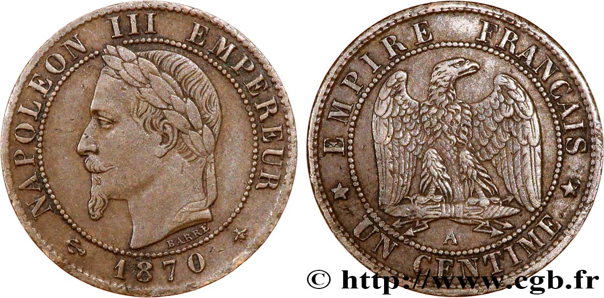 Un centime Napoléon III, tête laurée 1870 Paris F.103/8 TTB