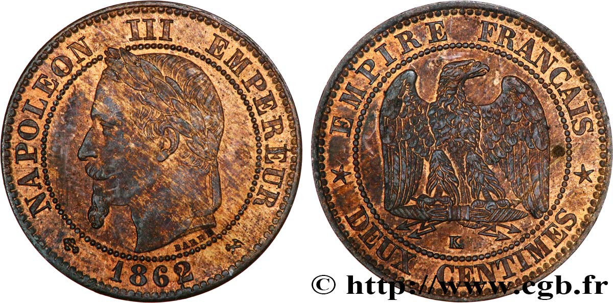 Deux centimes Napoléon III, tête laurée 1862 Bordeaux F.108A/7 SUP55