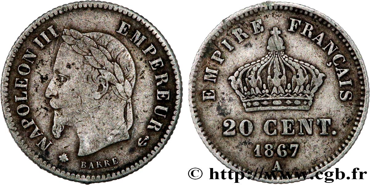 20 centimes Napoléon III, tête laurée, grand module 1867 Paris F.150/1 TB