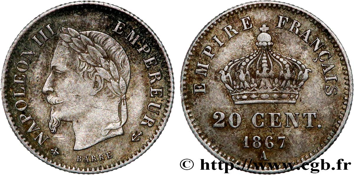 20 centimes Napoléon III, tête laurée, grand module 1867 Paris F.150/1 XF