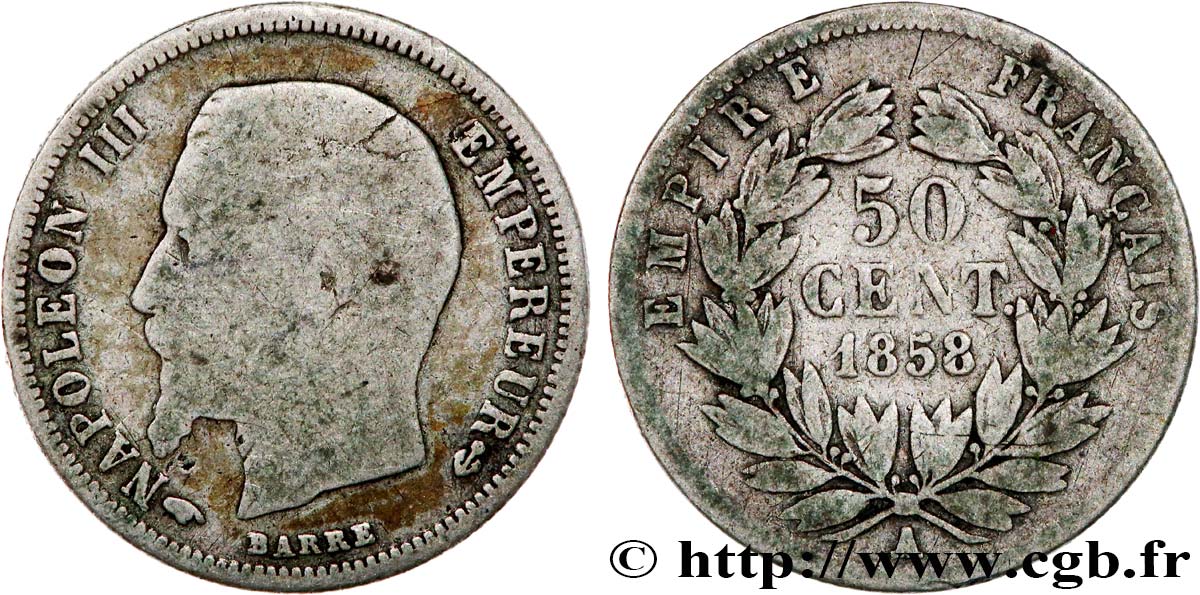 50 centimes Napoléon III, tête nue 1858 Paris F.187/9 VG8