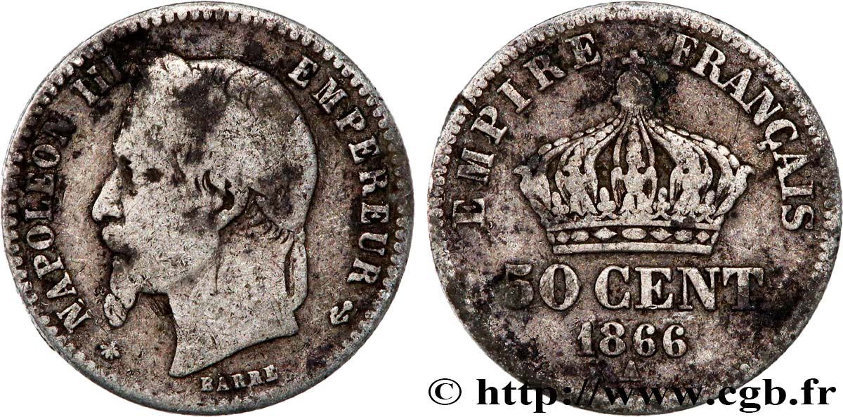 50 centimes Napoléon III, tête laurée 1866 Paris F.188/9 VG10