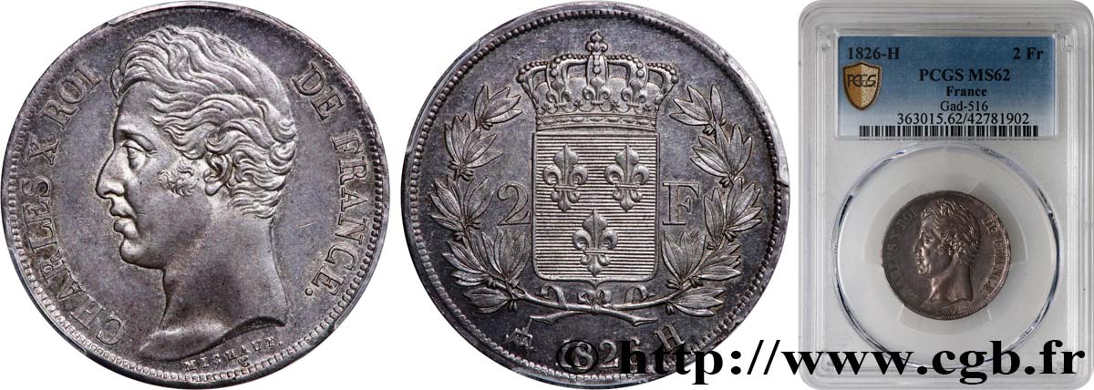 2 francs Charles X 1826 La Rochelle F.258/16 MS62 PCGS