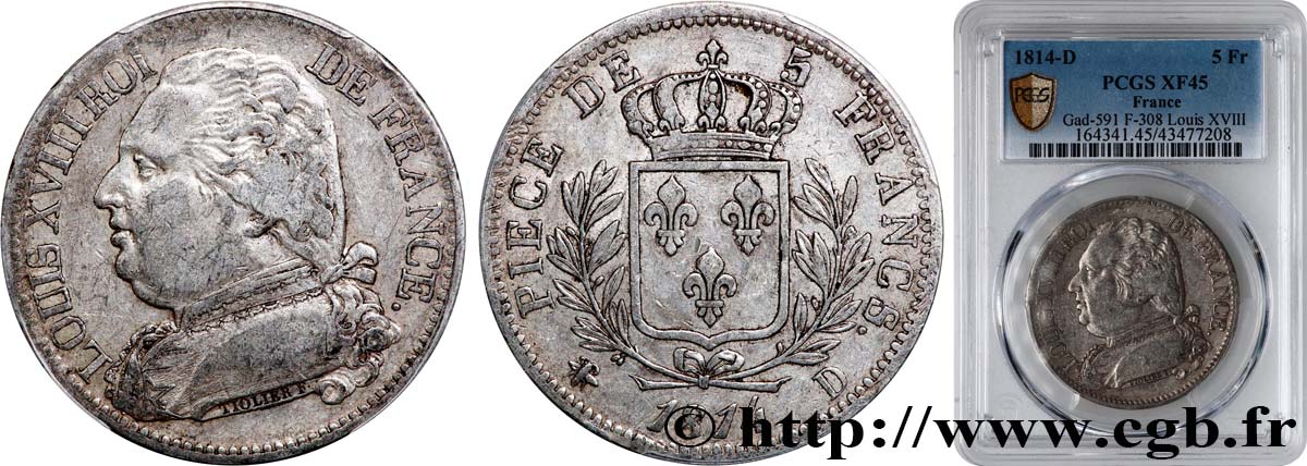 5 francs Louis XVIII, buste habillé 1814 Lyon F.308/4 BB45 PCGS